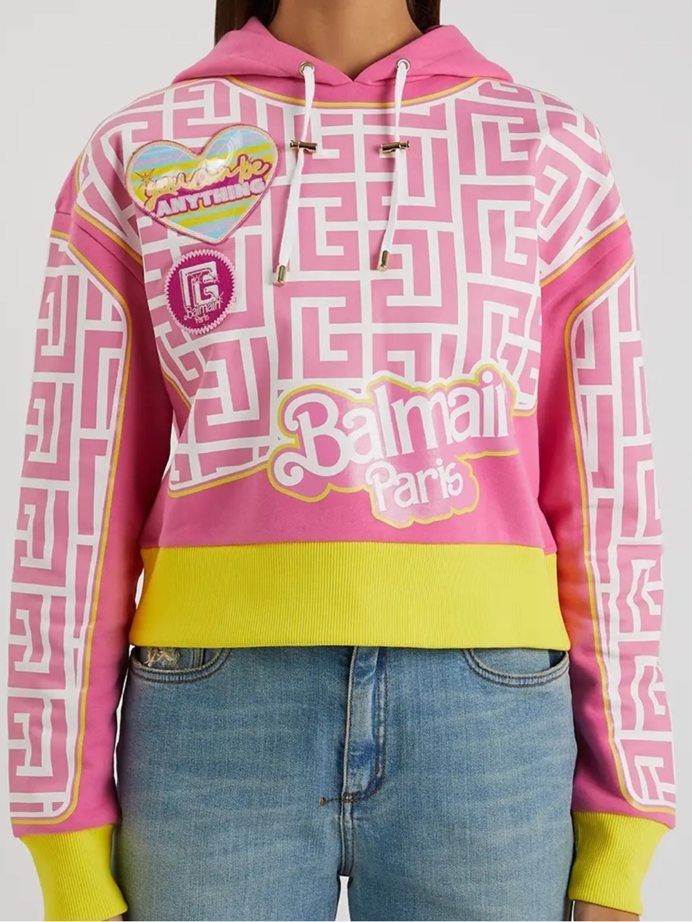 Balmain Pink and Yellow Logo Crewneck Hoodie Sweater